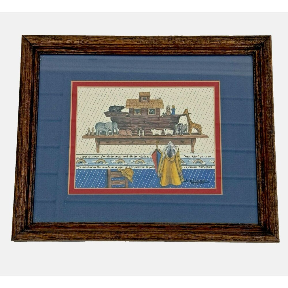 Julie Hammer Noah's Ark Framed Art Print Watercolor Double Matted Christian Art